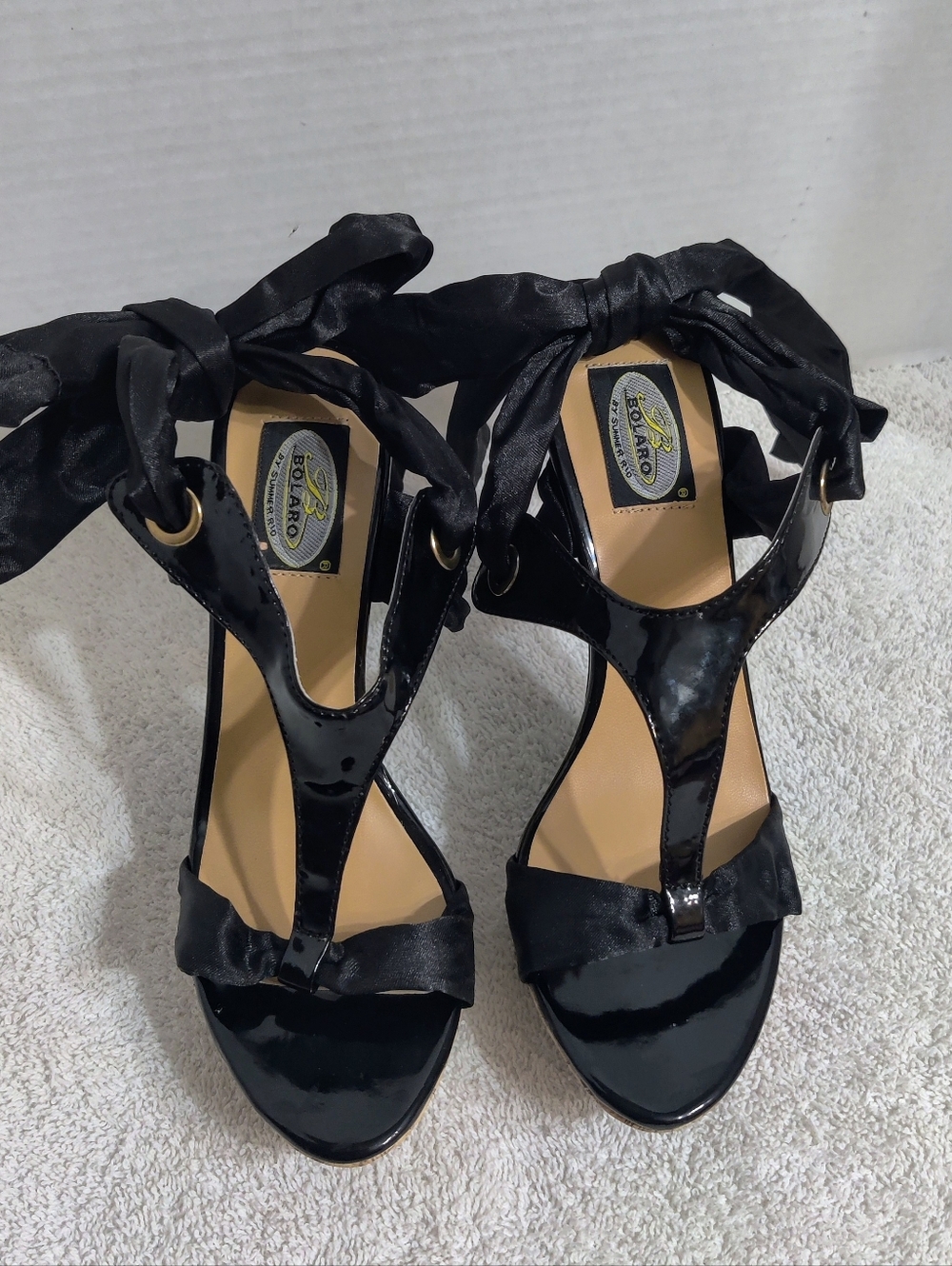 Black Patent T-Strap Satin Tie Heels By Bolaro